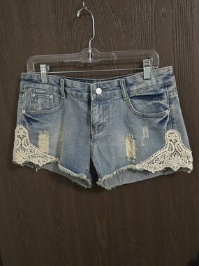 Light Blue Denim Jean Shorts with Cream Crochet Trim
